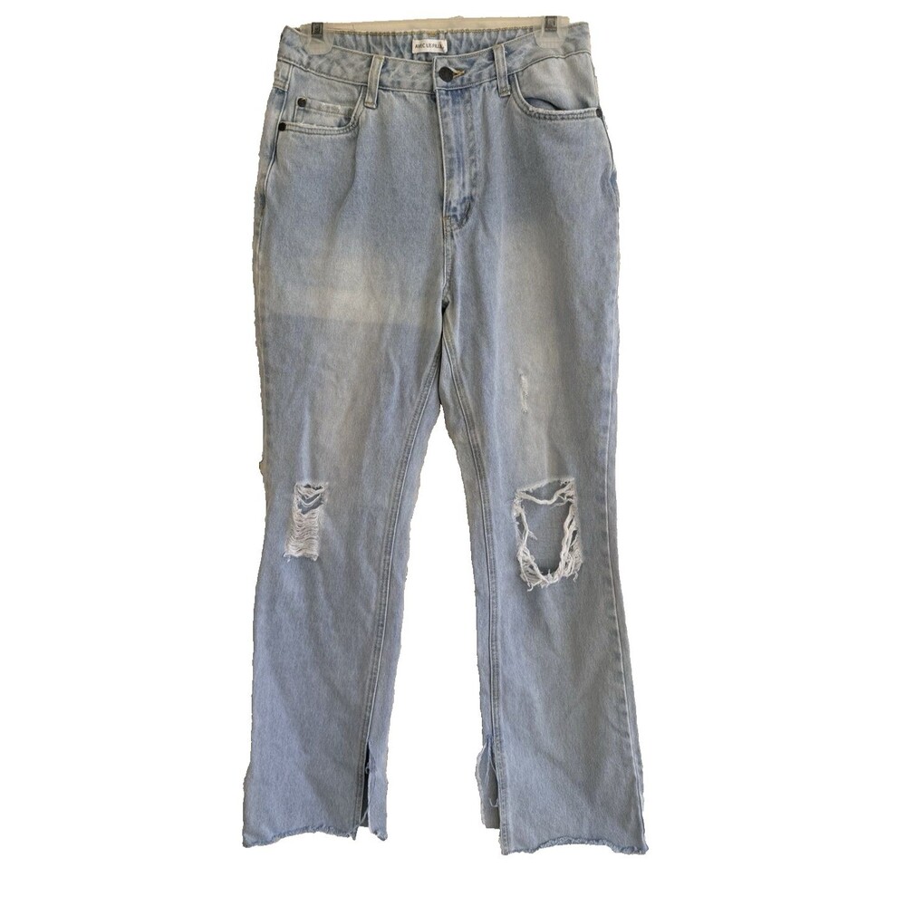 AVEC LES FILLES Jeans Size 28 Light Wash Distressed Slit Cuff Raw Hem Denim